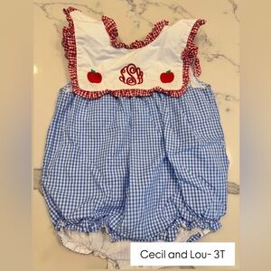 Cecil and Lou Blue Gingham Romper with Apple Embroidery - Monogram SSV